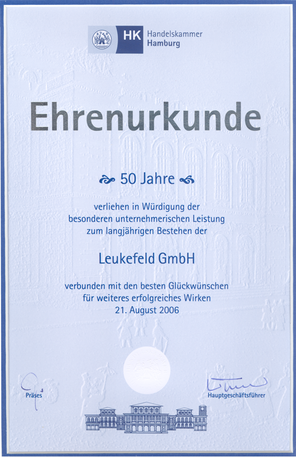 Ehrenurkunde der Handelskammer Hamburg für 50 Jahre Leukefeld GmbH